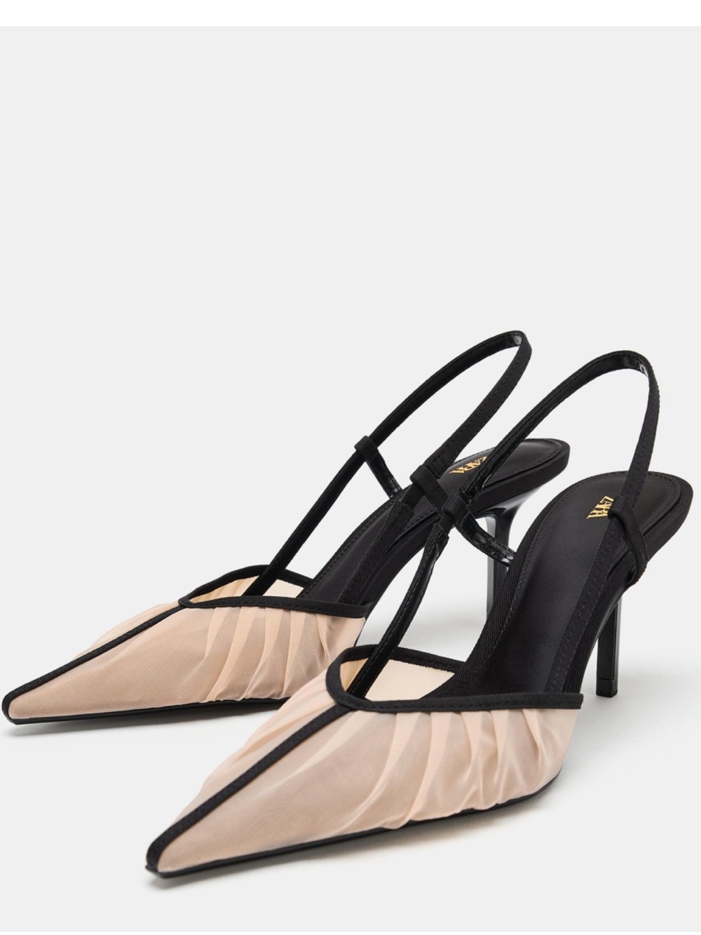 Zara Black and Nude Pointed Slingback Mesh Heels